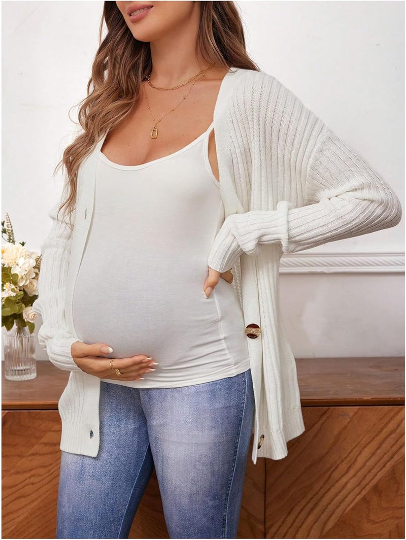 BEAUDRM Store Women's Maternity Cardigan Sweater Textured Button Down Long Sleeve V Neck Sweater Tops - Image 3